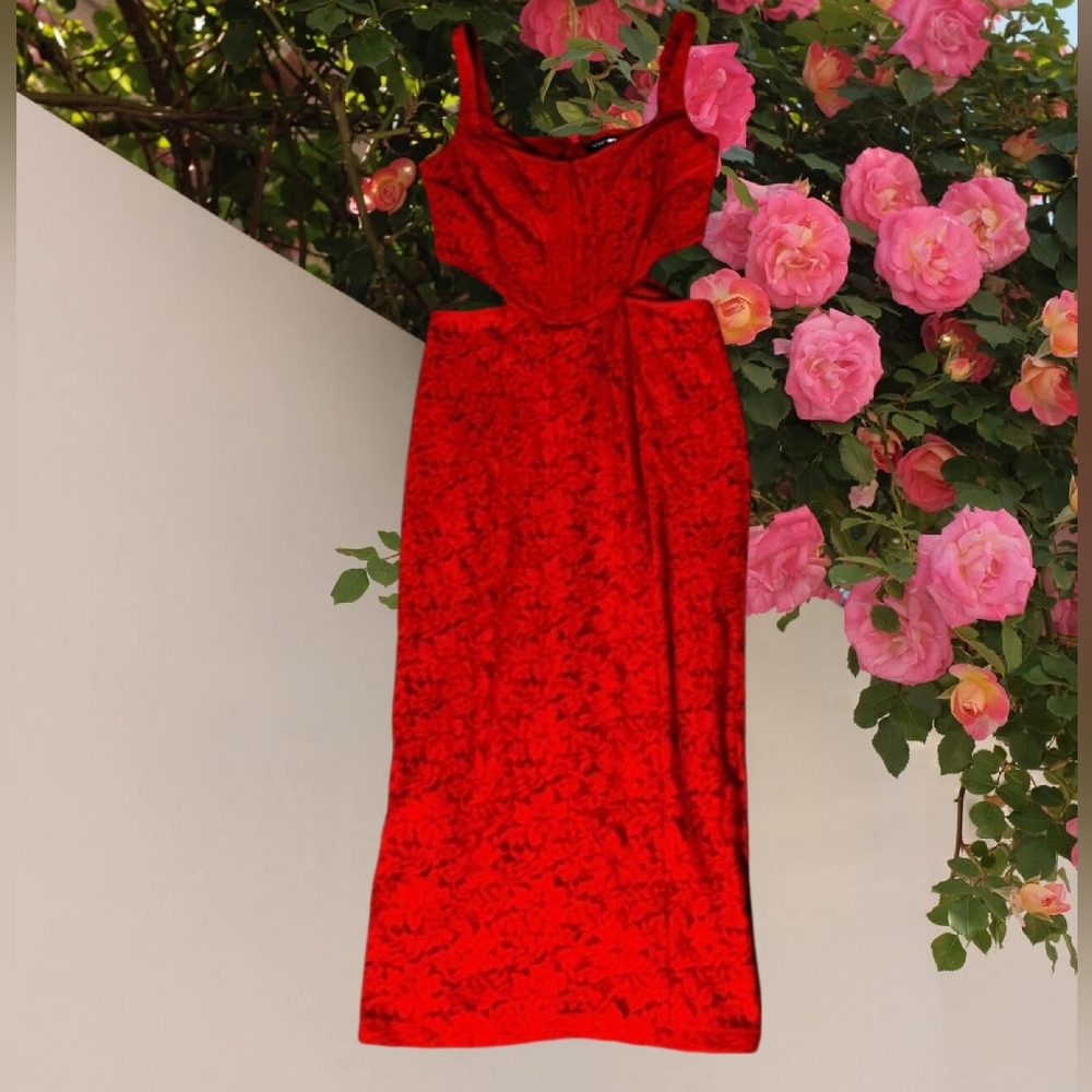 Fashion Nova Red Lace Cutout Midi Dress